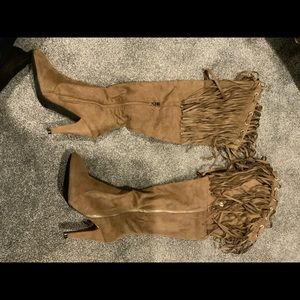Taupe suede fringe high heel boots